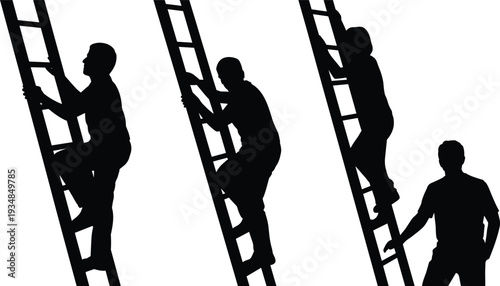 Worker climbing ladder silhouettes collection isolated set, construction maintenance people safety activity, industrial job shadow figures illustration bundle concept