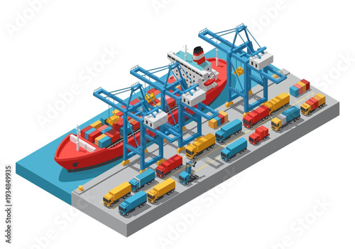 Isometric view cargo ship at a port loading and unloading containers with cranes trucks lined up