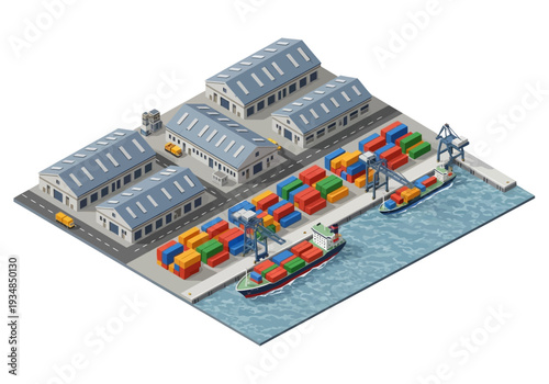 Isometric view of a port with buildings container ships stacks of shipping containers cranes and trucks