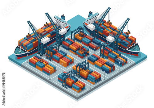 Isometric view of a shipping port with container ships cranes and stacked containers
