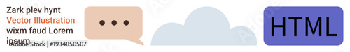Web development, communication, cloud storage, coding, programming, creative design. Speech bubble, cloud HTML icon and lorem ipsum text. Web development and communication visualization