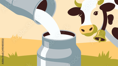 Cow milk pouring churn illustration