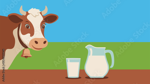 Cow milk pitcher glass rural scene illustration