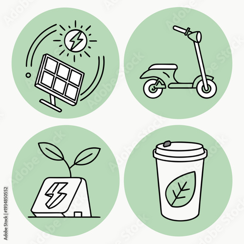 Four green icons representing environmental sustainability: solar panels, electric scooter, bio-energy plant, and reusable coffee cup with leaf