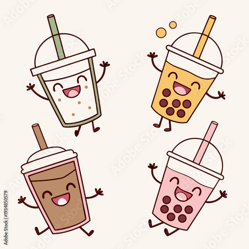 Set of four joyful kawaii boba tea cups in milk tea, matcha, chocolate, and strawberry flavors with cute faces
