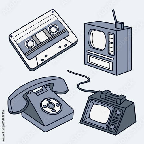 Nostalgic illustration of retro electronics: cassette tape, rotary telephone, vintage television, and desktop computer monitor