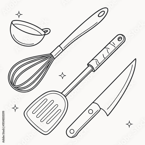 Hand-drawn line art set of essential kitchen utensils: whisk, spatula, chef's knife, and small bowl with sparkle icons