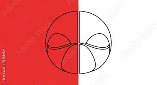 Geometric sphere divided into red and white halves with intersecting black curves symbolizing contrast and unity in a simple abstract design