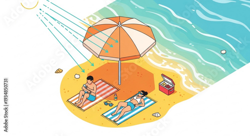 Two people relaxing on beach towels under a striped umbrella on a sunny day with calm ocean waves