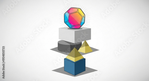Geometric shapes stacked vertically with colorful dodecahedron on top 3d illustration abstract modern design elements
