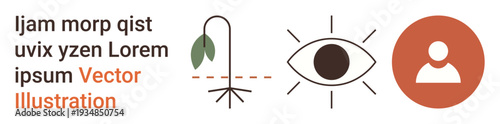 Vision, identity, growth, analysis, nature, design. Features an eye symbol, person silhouette and plant. Vision and identity concepts in a minimalist design