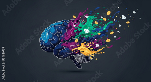 Vibrant human brain illustration with colorful paint splatters and creativity on dark background showcasing imagination and artistic