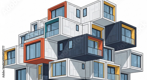Modern modular building design with colorful accents and multiple cubic structures stacked together creating a unique architectural concept