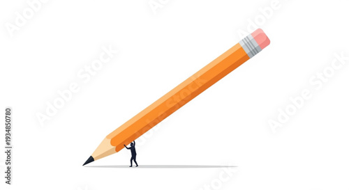 Miniature person holding up a giant orange pencil with a sharp black tip and pink eraser on a white background symbolizing creativity