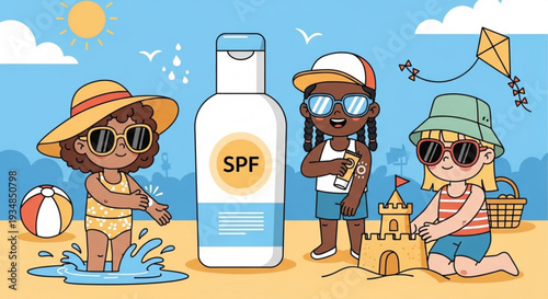 Three children wearing sunglasses and hats playing on the beach with a large bottle of spf sunscreen in the center enjoying a sunny day