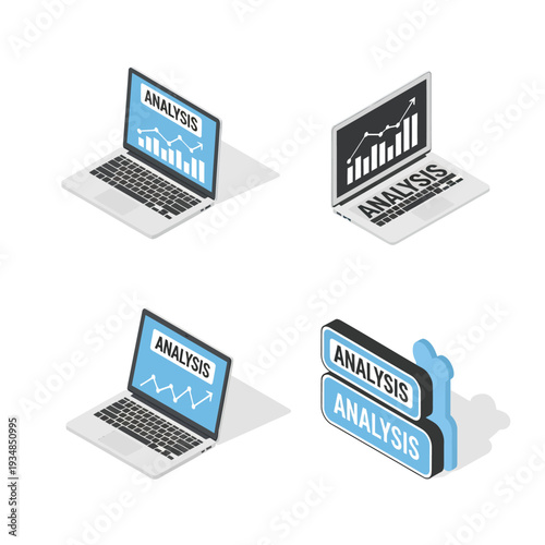 Isometric Laptops Displaying Financial Analysis Charts and Graphs.