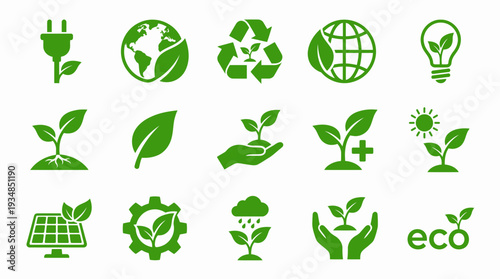 Set of green eco-friendly icons for sustainable living and environmental conservation