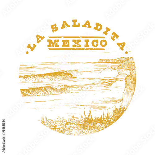 Vintage La Saladita Mexico badge featuring the iconic longboard point break and tropical palapa shacks.