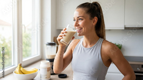 Young woman enjoying smoothie in modern kitchen with bananas  
