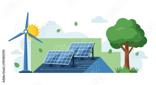Vector illustration of solar panel and wind turbine with tree