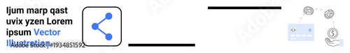 Social media, networking, data sharing, financial growth, technology, and online connections. Blue share icon connected to additional icons. Social media and data sharing concept