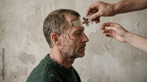 Man with Cracked Face Receiving a Puzzle Piece on His Head