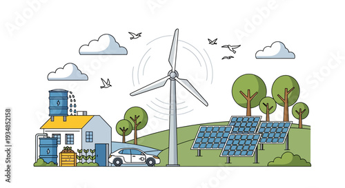 Vector illustration of eco-friendly farm with renewable energy sources