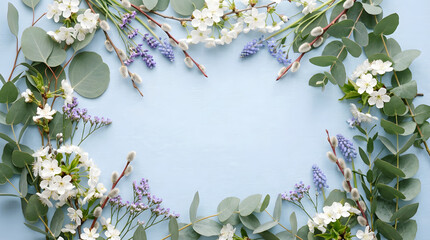 Beautiful spring floral frame with eucalyptus leaves and white flowers.