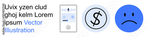 Voice control, finance, emotions, technology, remote communication, innovation. A smart speaker control panel, a dollar symbol and a sad face icon. Voice control and finance communication concepts