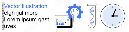 Data analysis, genetic research, science tools, productivity, time management, technical processes. Gear, DNA strand chart clock. Data analysis and genetic research visualization