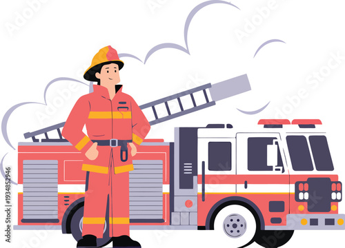 Firefighter in uniform stands proudly next to fire truck with ladder and smoke