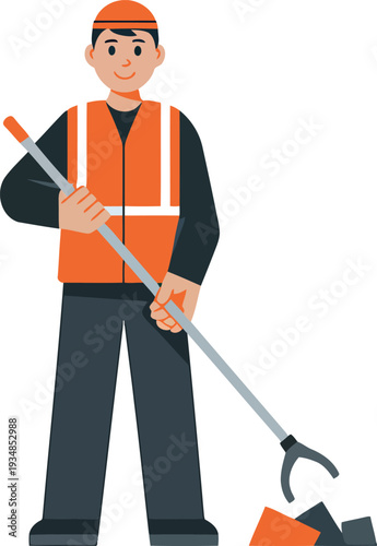 Worker with broom and dustpan cleaning street, wearing safety vest and cap