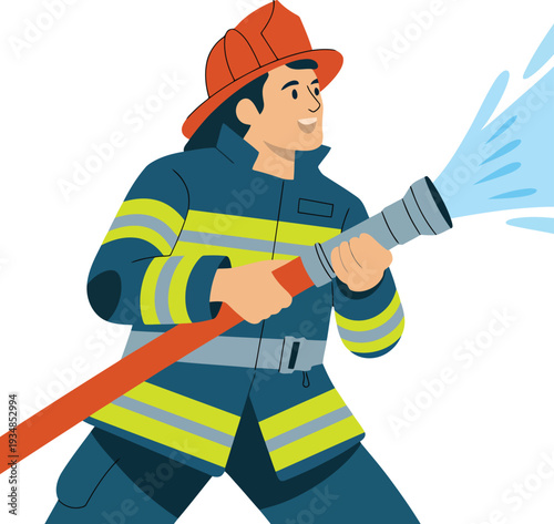 Firefighter in uniform holding hose spraying water emergency service professional at work