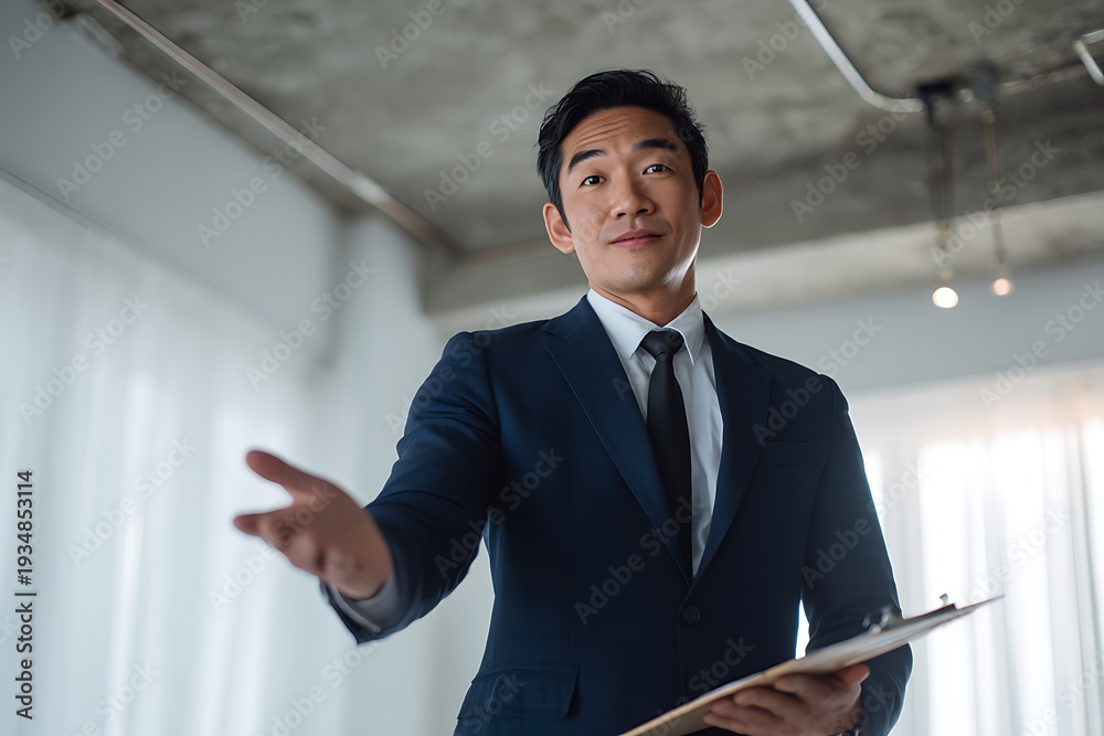 Fototapeta premium A young Asian businessman in a suit presenting with a clipboard in a modern office space.