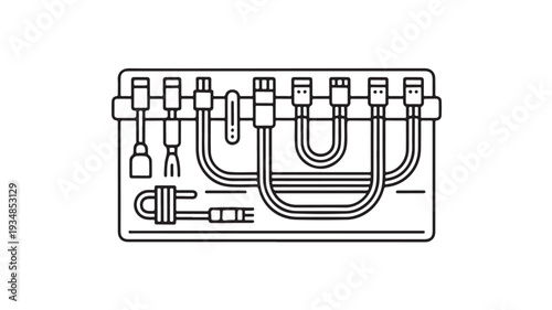 Electronic Circuit Board in Minimalist Line Art with Black Lines on White Background for Technical Illustration