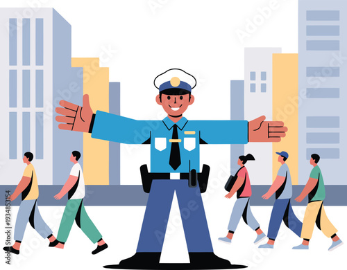 Police officer directing traffic on street with pedestrians and city buildings vector illustration