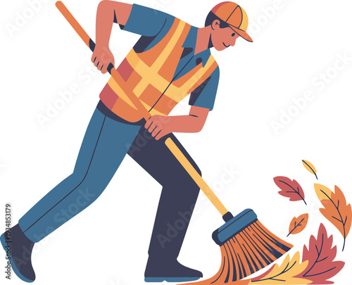 Street cleaner sweeping leaves with broom vector illustration