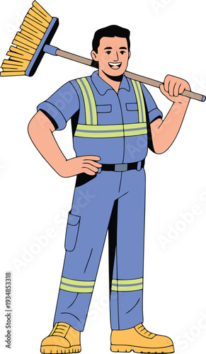 Male janitor worker in uniform holding broom on shoulder service professional illustration