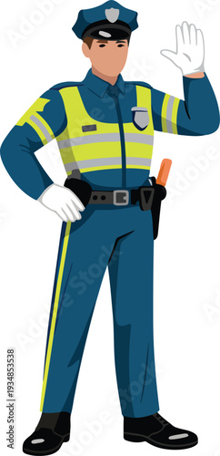 Police officer in high visibility uniform waving hand stop traffic control safety law enforcement illustration