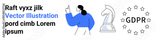 Data security, compliance, concepts of privacy, digital rights, regulations, decision-making. Woman pointing upward beside a chess knight and GDPR emblem. Data security and compliance concept