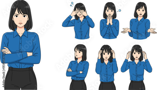 Businesswoman showing stress confusion and surprise emotions, professional female expression set illustration isolated on white background design