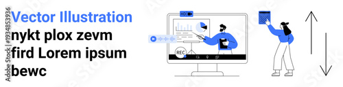 Business communication, teamwork, data analysis, digital collaboration, online learning, presentation. Computer screen with charts and figures, two people working. Teamwork and data analysis