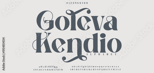 Goleva Kendio Elegant alphabet letters serif font logo and number. Classic Luxury Minimal Wedding logos. Typography fonts regular uppercase, lowercase. vector illustration

