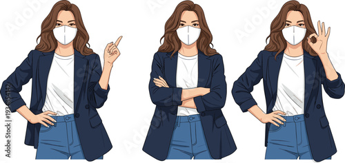 Businesswoman wearing protective face mask showing safety gestures, healthcare awareness illustration isolated on white background design