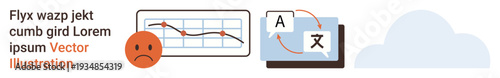 Business analytics, globalization, cloud computing, language learning, translation tools, remote data management. Sad face with declining graph, translation interface and cloud. Business analytics
