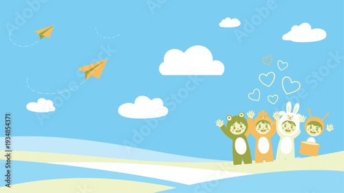 Children animal costumes party play