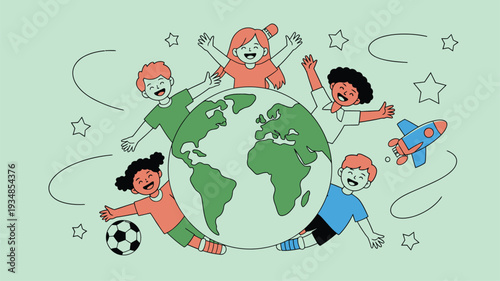 Children around globe unity illustration