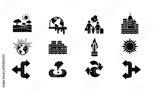 A set of black and white vector icons depicting environmental and ecological concepts