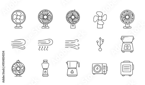 A set of minimalist line art icons depicting various fans and cooling devices in a simple design style.