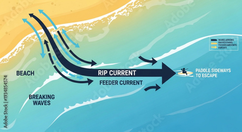Surfer caught in rip current with breaking waves and feeder currents near the beach illustrating dangerous ocean conditions and escape route